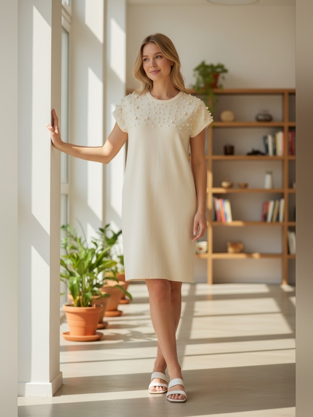 Zara Ivory Cream White Short Cap Sleeve Pearl Shift Knit Dress RARE (Sz S) - Picture 7 of 7